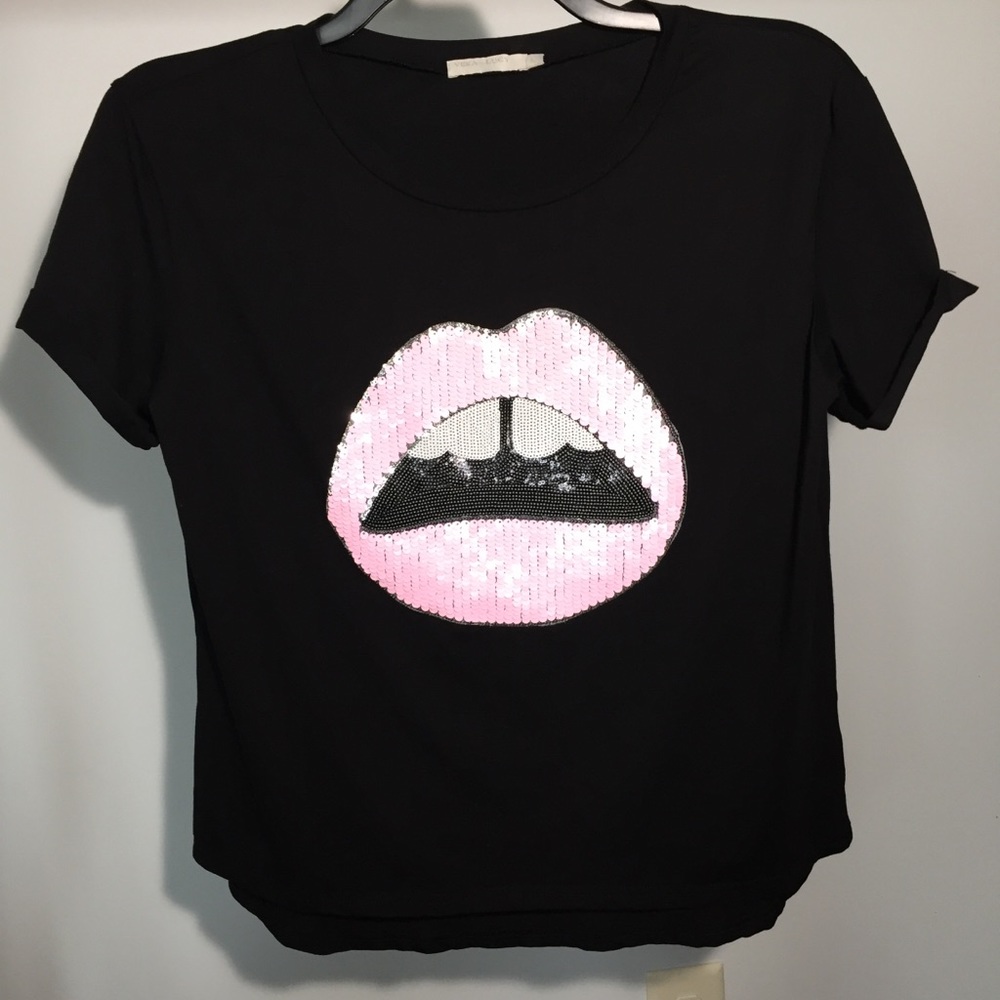 Vera & Lucy Sequin Pink Lips Top Sz L